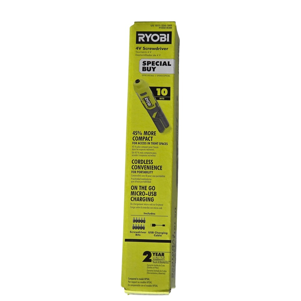 Ryobi 4V Cordless Screwdriver Kit FVD01K5B with 10 Bits and USB Charging Cable
